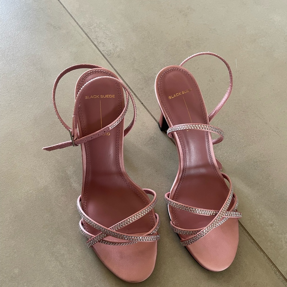 Black Suede Studio Pink Satin Rhinestone Heels – Size 37.5 (US 7.5)